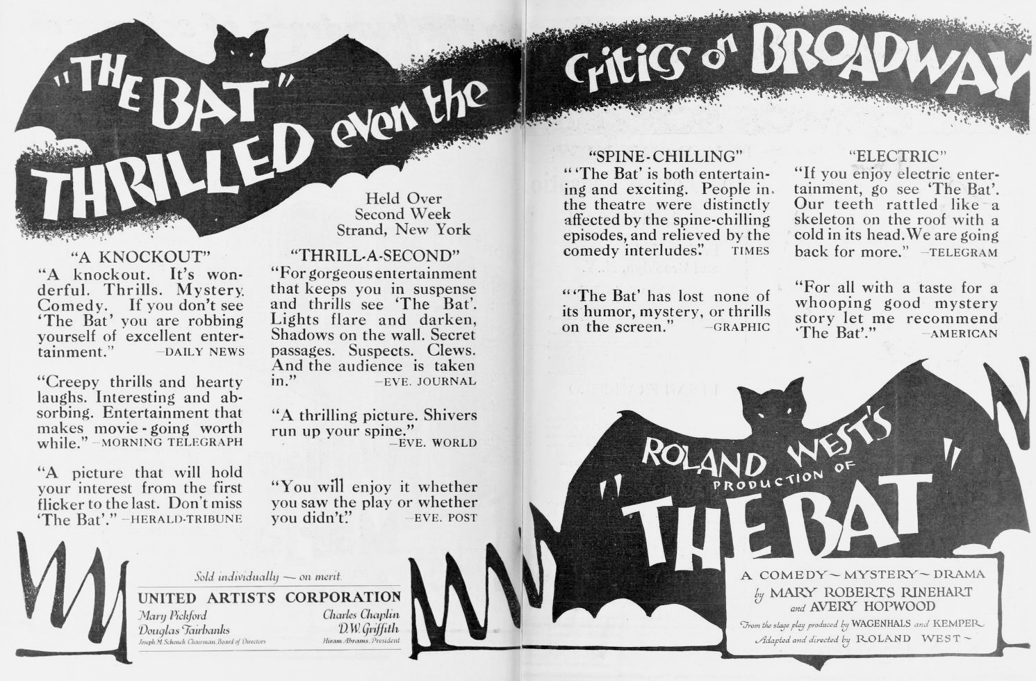 Historical trade ad for THE BAT (1926)